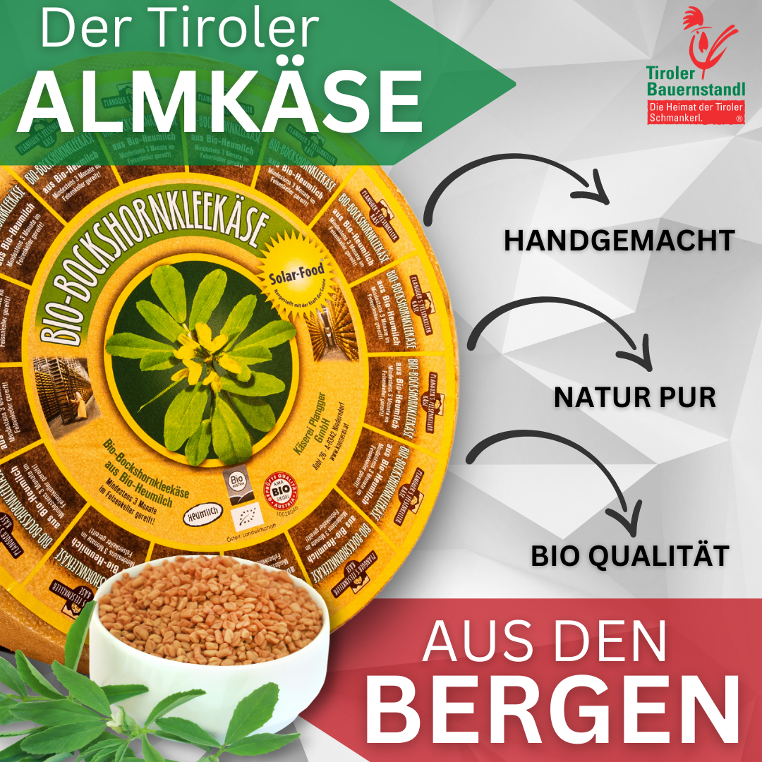 Tiroler Bio Bockshornklee Käse | milder und nussiger Schnittkäse 45 % Fett i.Tr. - Tiroler Bauernstandl